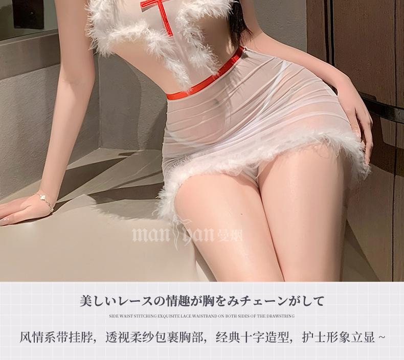 曼烟 情趣内衣 性感挂脖美背 甜美护士短裙 白色均码