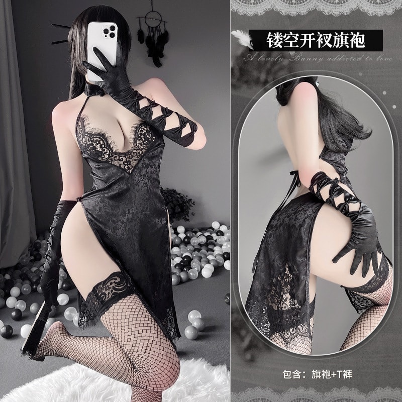 【中國直郵】曼煙 情趣內衣 性感透視蕾絲 開叉裙擺旗袍制服套裝 均碼 黑色