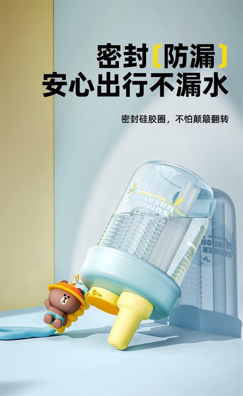 【中国直邮】日本 LINE FRIENDS 吸管杯耐热水杯便携水壶夏天喝水杯子 布朗熊-夏日蓝400ml 1个