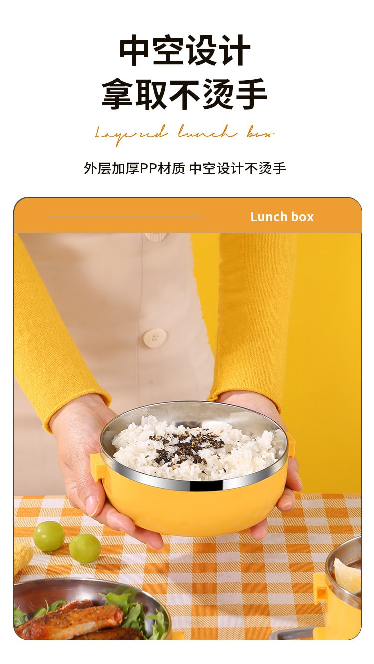 【中國直郵】小黃鴨 保溫便當盒三層不銹鋼款圓形便當盒 棕色
