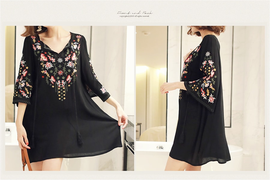 [KOREA] Floral Embroidery Ethnic Mini Dress #Black One Size(S-M) [Free Shipping]