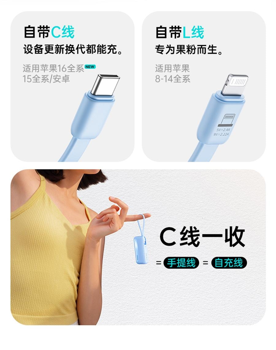 【中国直邮】 罗马仕 10000毫安充电宝2024新款快充1万毫安超薄小巧便携自带线移动电源  双线蓝色