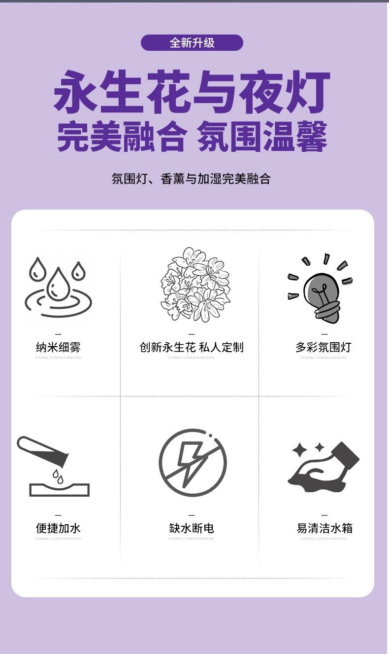 【中国空运直邮】 晶雅家 补水喷雾永生花加湿器 USB充电接口卧室迷你氛围灯加湿器 紫色 一台装