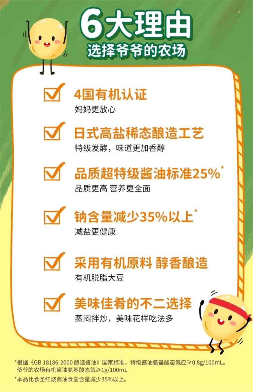 【中國直郵】 爺爺的農場 特級有機減鹽醬油 無添加兒童寶寶輔食專用調味料 152ml/瓶(明星代言-劉濤)