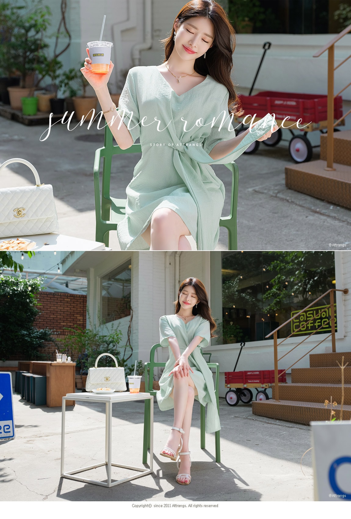 【韩国直邮】ATTRANGS V领纯色不规则优雅设计气质连衣裙 粉色 Free