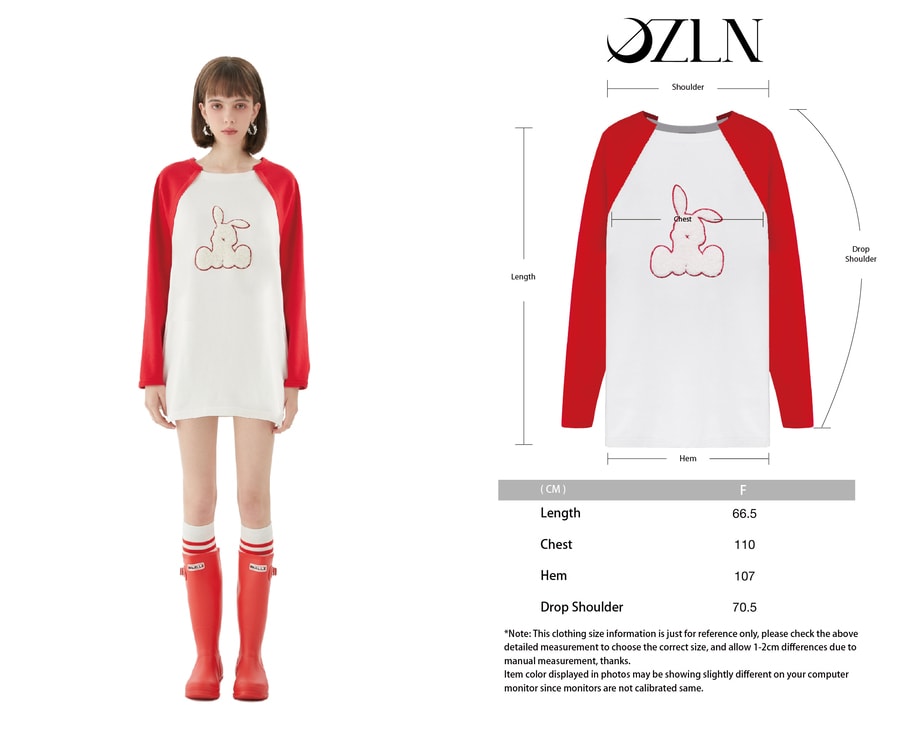 【中國直郵】OZLN卡通兔貼布繡插肩衛衣 白紅拼色設計2023新款