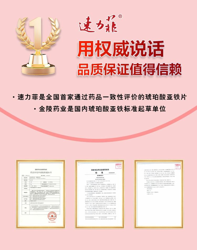 【中國直郵】 速力菲 琥珀酸亞鐵片 補鐵補血女性貧血孕婦缺鐵哺乳期兒童鐵劑20片/盒