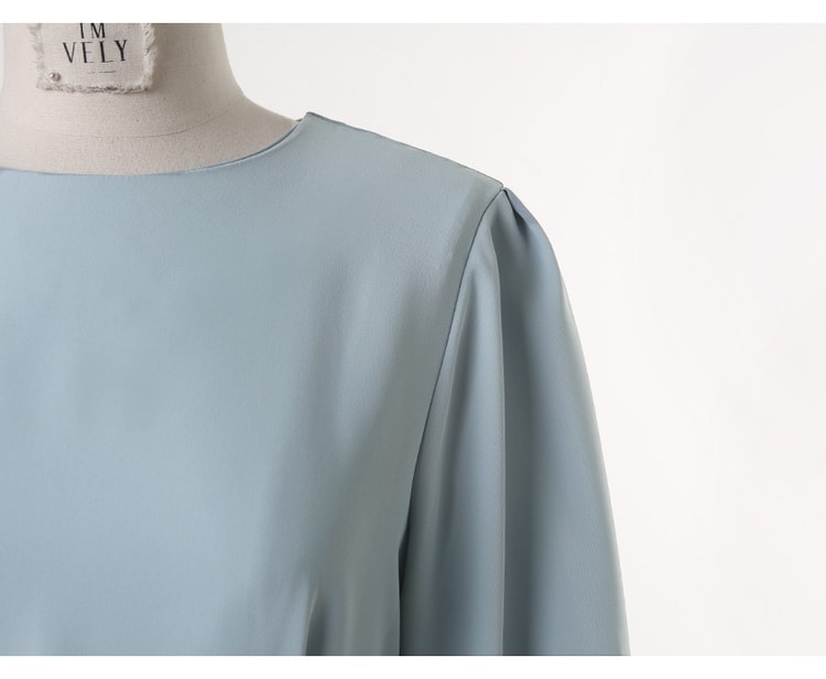 【韩国直邮】IMVELY 纯色收腰圆领短袖气质连衣裙 天蓝色 均码