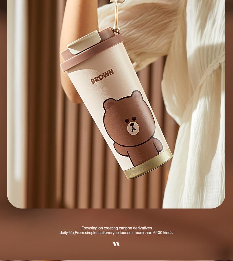 【中国直邮】日本 LINE FRIENDS 布朗熊新款保温杯316不锈钢大容量吸管杯高颜值儿童保温双饮水杯   500ml