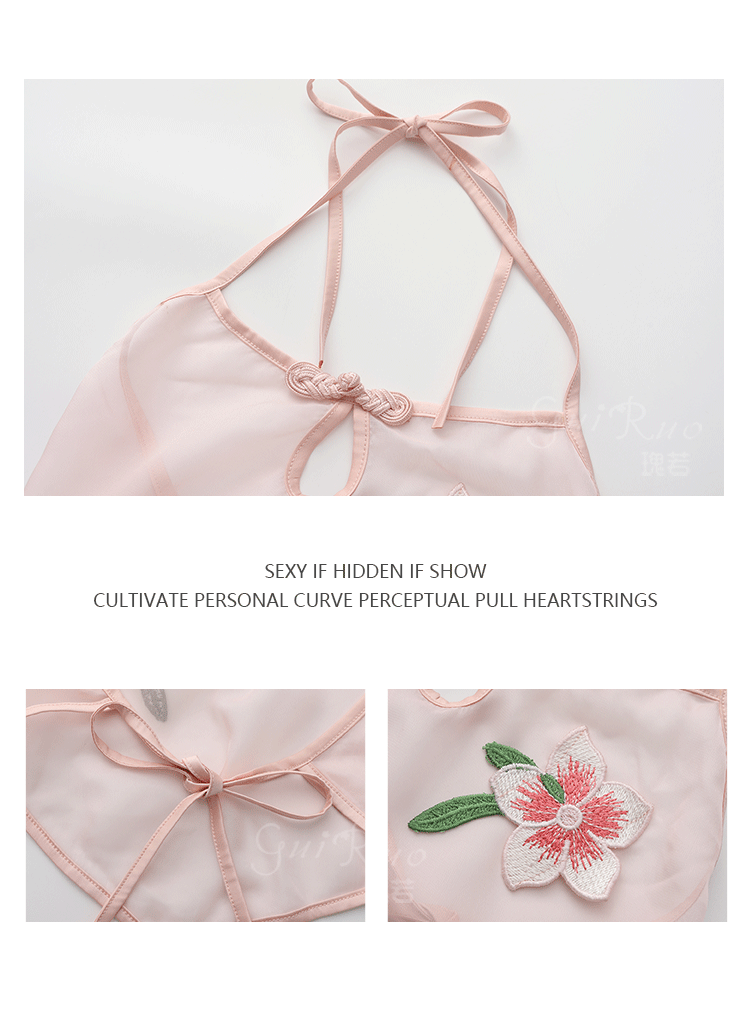 【中国直邮】  瑰若 轻纱肚兜短裤披肩汉服套装 枣红色均码