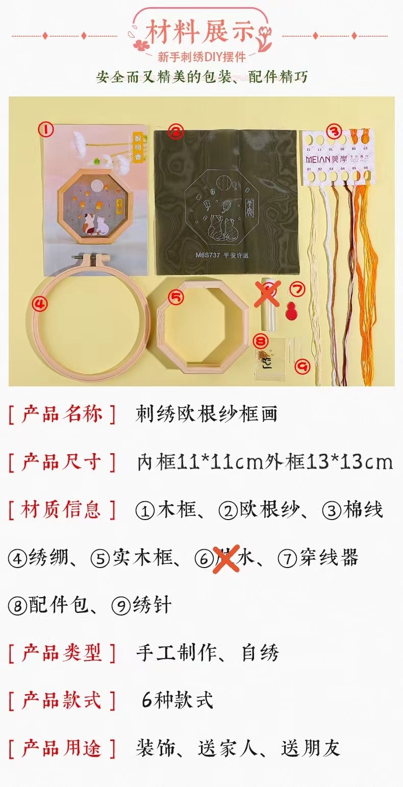 【中國直郵】FOXTAIL 蘇繡手工diy材料包 刺繡初學者 禮物製作 情侶/家人/長輩/閨蜜禮物 生日/紀念日-兔子平安 1個丨*預計到達時間3-4週