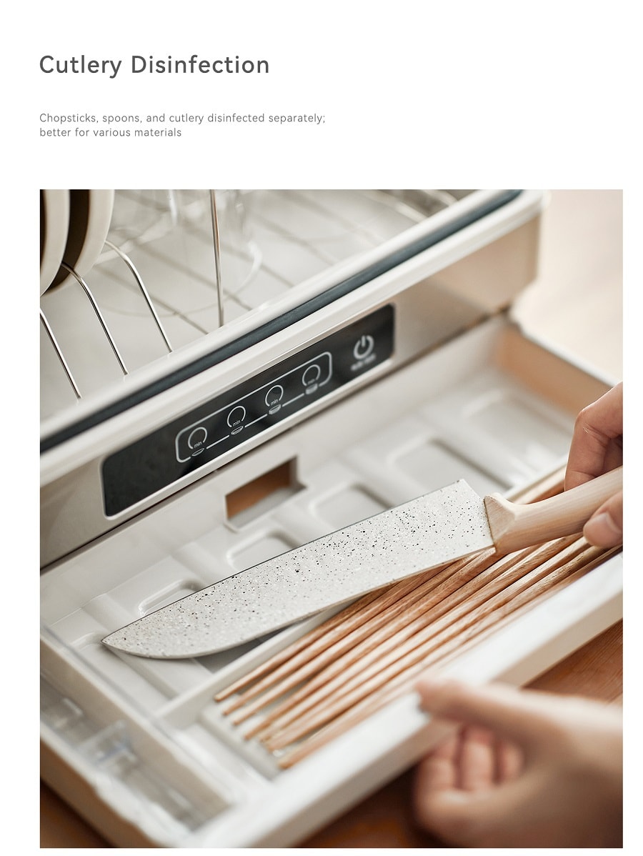 White Kitchen Dish Sterilizer Tableware Dryer Compact 42L Countertop Model For Home Use 100~120V Wide Voltage