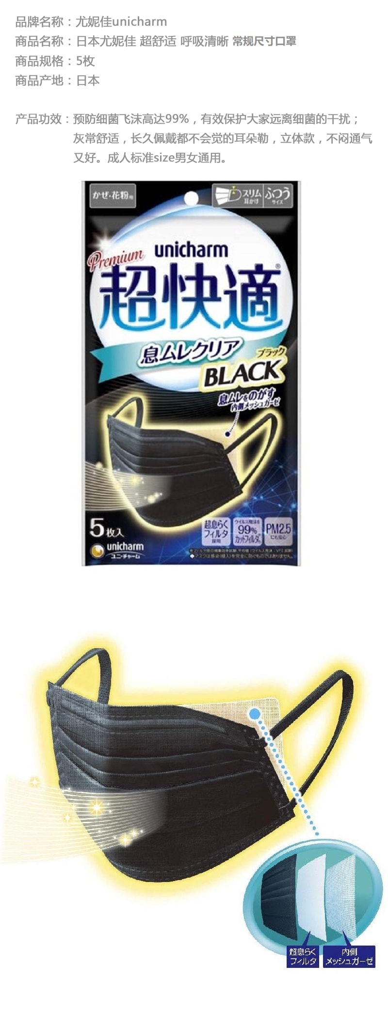 日本 UNICHARM 尤妮佳 超快适 黑色 呼吸清晰型口罩 普通号 5pcs