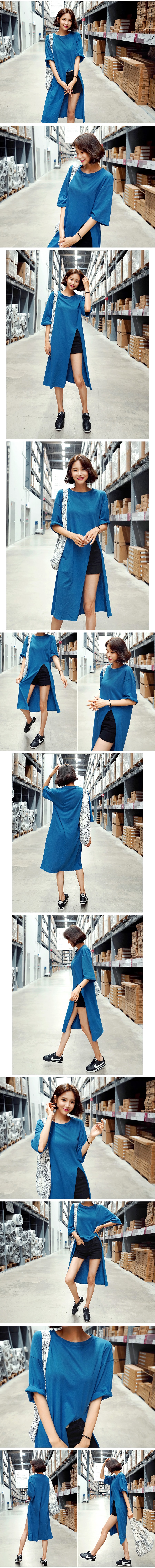 [韩国直邮] WINGS 韩国侧开衩中长款上衣T恤女 #蓝色 均码(Free)