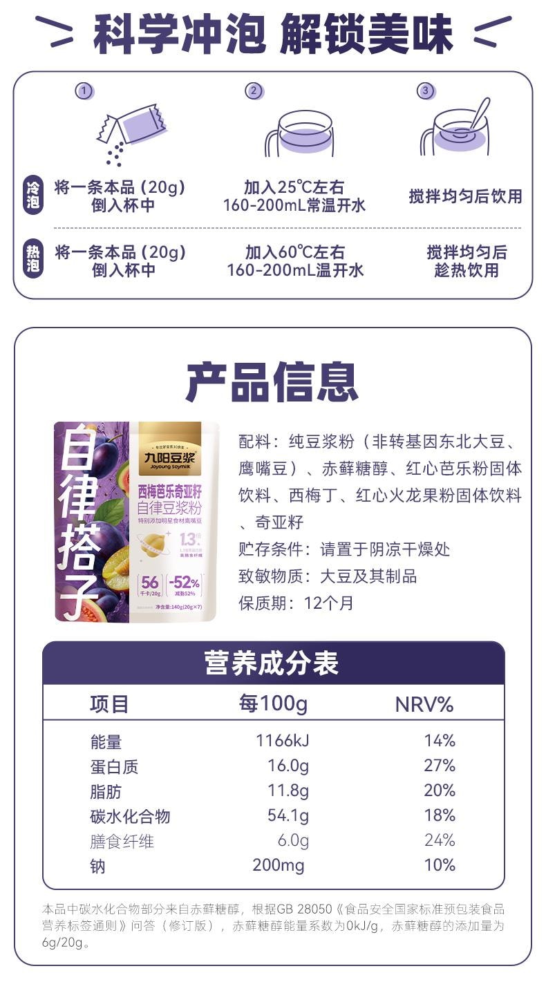 【中国直邮】 九阳 豆浆粉 西梅芭乐奇亚籽口味 高膳食纤维 20g*7条