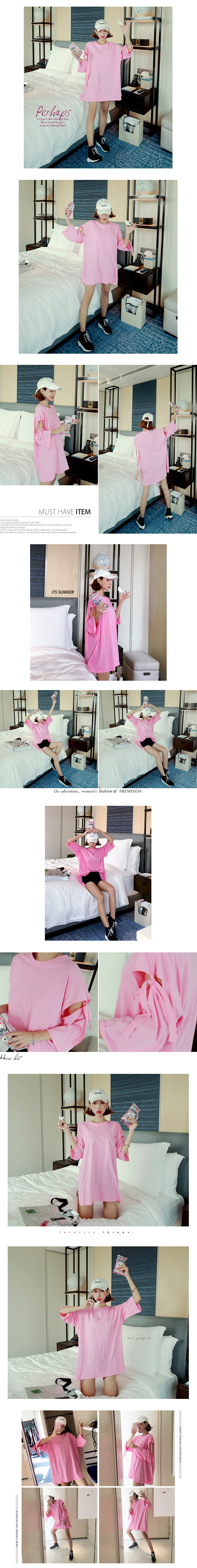 [KOREA] CutOut Tie-Sleeve Dress Oversize Top #Pink One Size(Free) [免费配送]