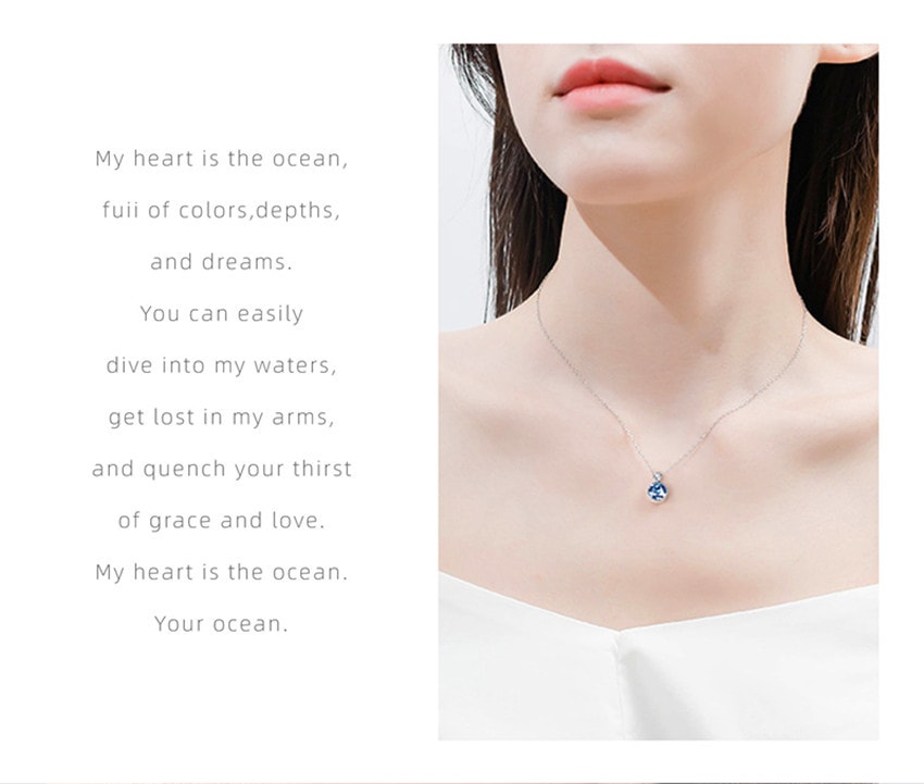 中國直郵 寶藝龍 海洋之心925純銀項鍊 女鎖骨鏈 鏤空藍色水晶
