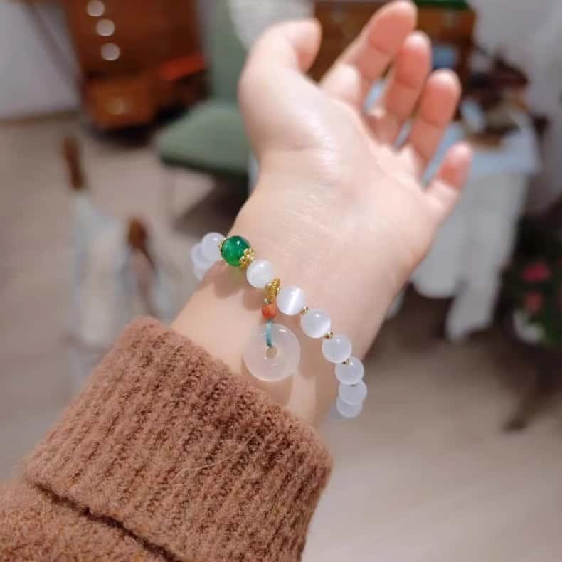 【辟邪康泰】新疆貓眼石平安扣手串 新中式國風手鍊 天然晶石 8mm 辟邪護身符 男女同款吉祥平安首飾品