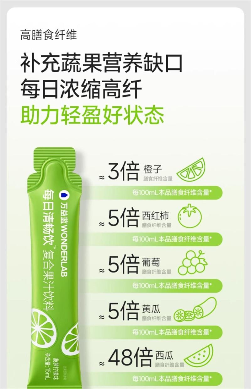 【中国直邮】 WONDERLAB 万益蓝 每日清畅饮15ml*30条/盒 膳食纤维益生元果蔬0脂正品