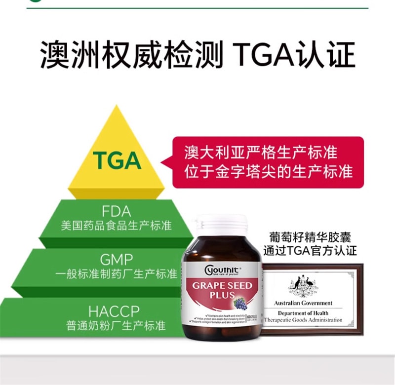 【中國直郵】Youthit優思益 葡萄籽粉膠囊60粒/盒 進口Opc精華原花青素VC片