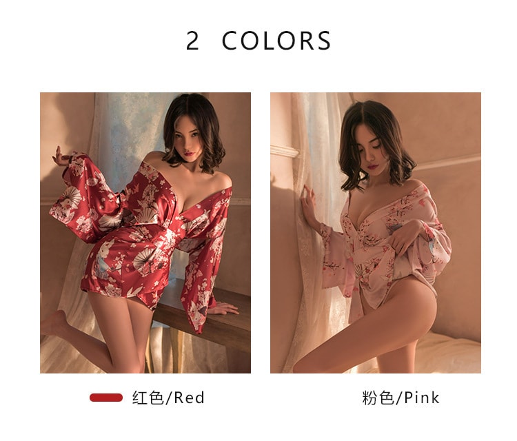 【中国直邮】瑰若 性感 深V印花和服 系带显瘦制服套装 情趣内衣 粉红色 均码