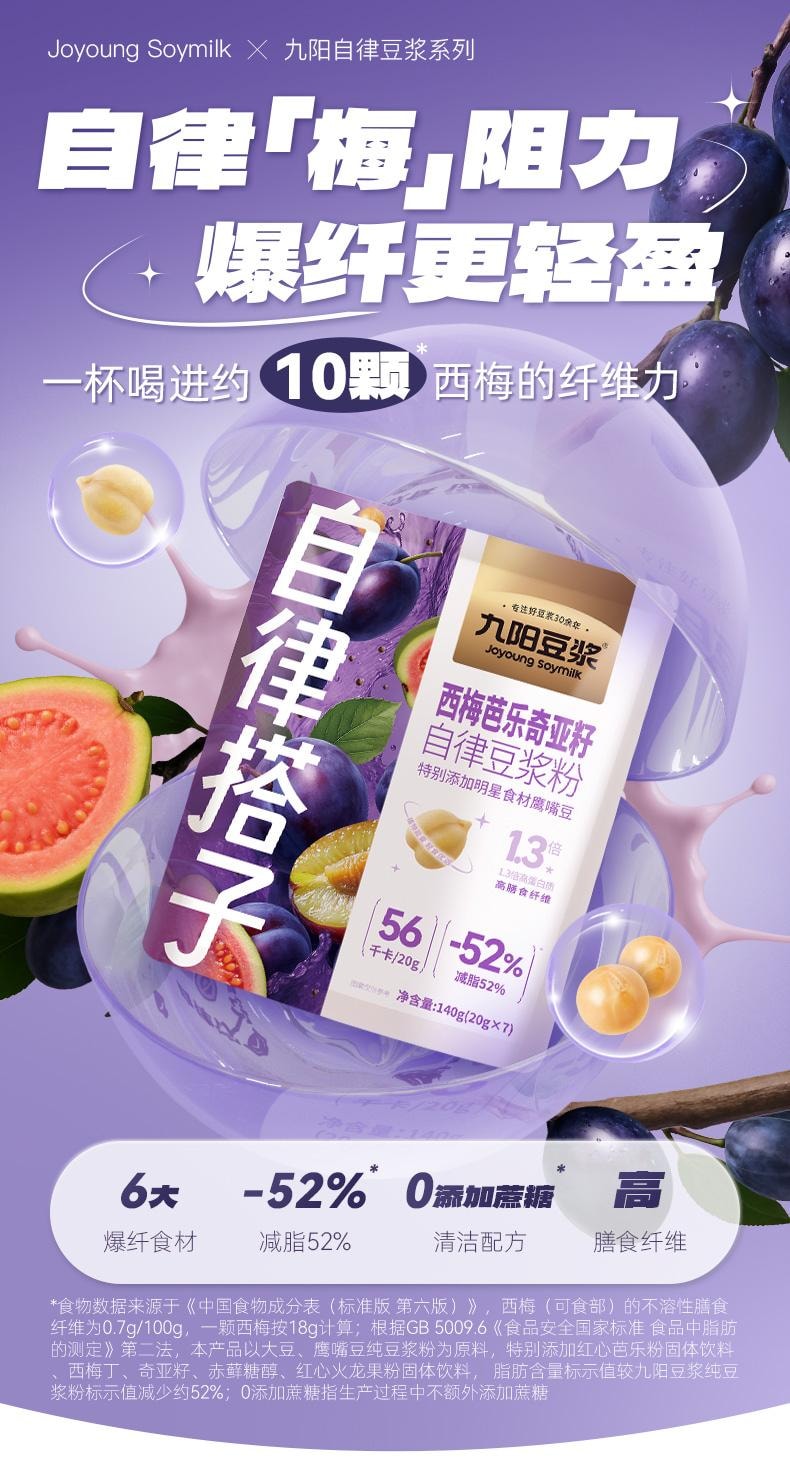 【中国直邮】 九阳 豆浆粉 西梅芭乐奇亚籽口味 高膳食纤维 20g*7条