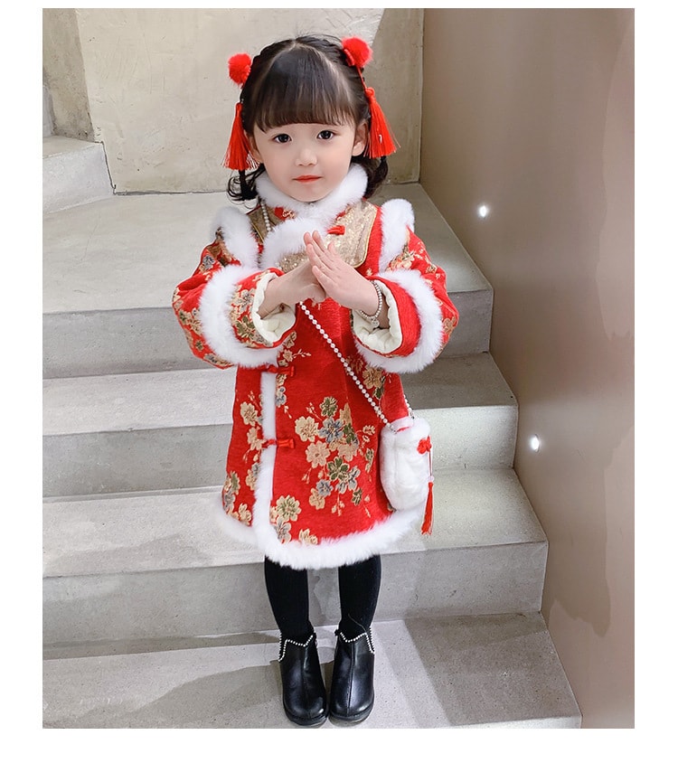 中国 萌小铁 小女孩旗袍裙 中国风汉服唐装小女孩超仙拜年服 90cm