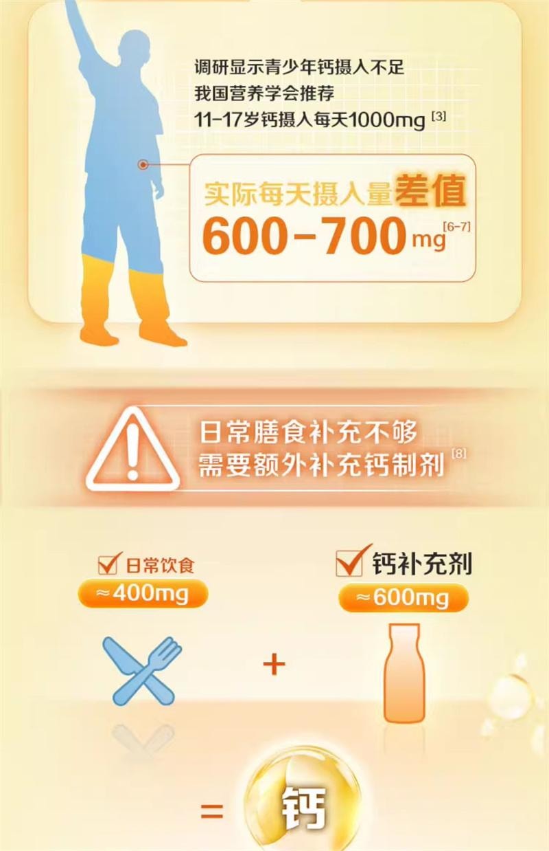 【中国直邮】 钙尔奇 钙镁维生素D咀嚼片11-17岁青少年儿童成长钙片6岁以上维生素d补钙正品100粒/盒(建议3盒周期装)