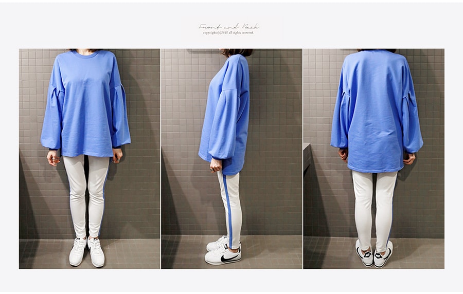 KOREA Puff Sleeve Sweatshirt+Side Stripe Jogger 2 pieces Set #Sky Blue One Size(S-M) [Free Shipping]