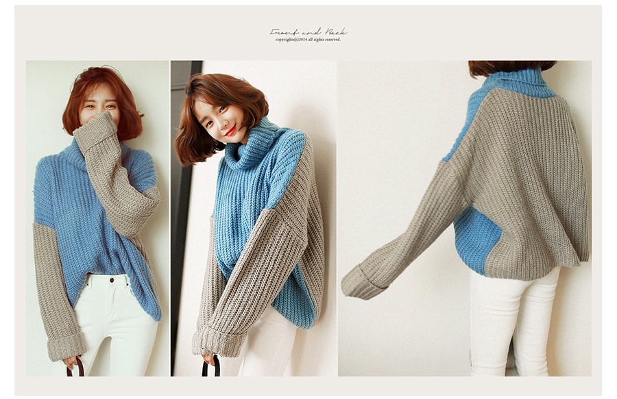 [2017 F/W] Oversized Color-Block Turtleneck Sweater Sky Blue One Size(Free)