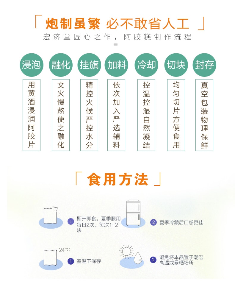 【中国直邮】宏济堂即食阿胶糕礼盒 (阿胶含量≥15%) 独立包装含手提袋 手工阿胶糕礼盒300g