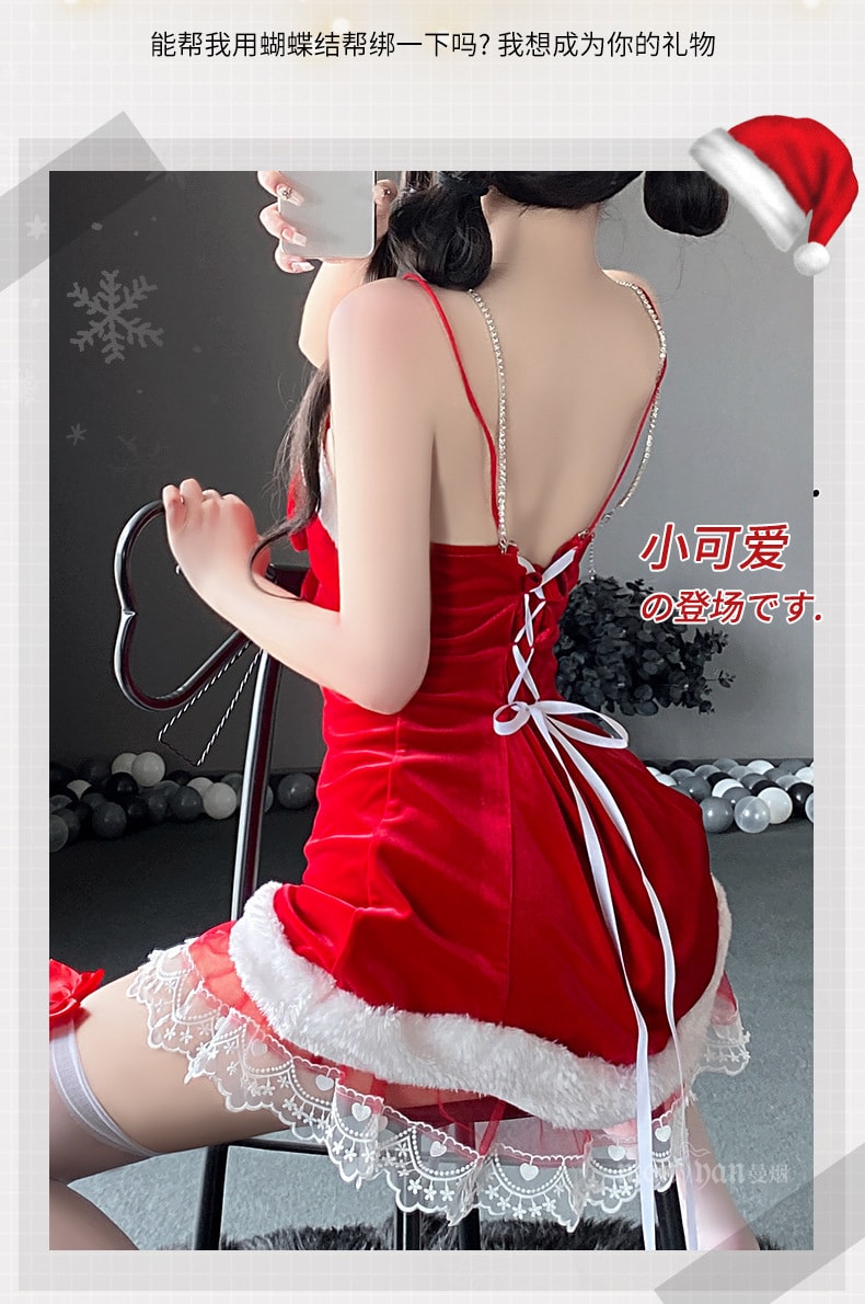 【中国直邮】曼烟 情趣内衣 性感蕾丝花边吊带睡裙 圣诞套装 红色均码(含发箍丝袜)