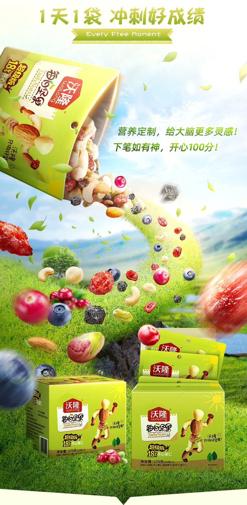 換包裝[中國直郵]沃隆Wolong 每日堅果 學生超版 混合堅果 營養大禮包 30日 750g/1盒裝