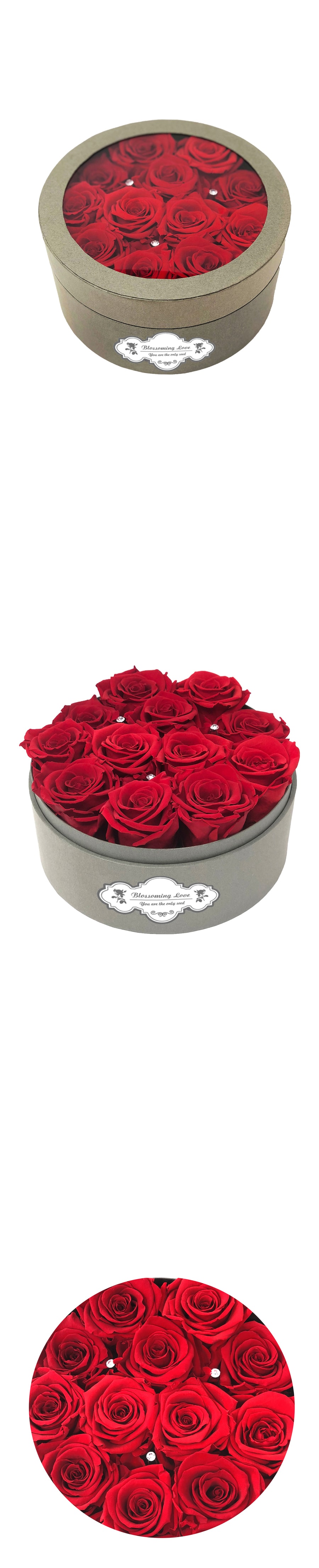 See-through small round box - Red preserved roses