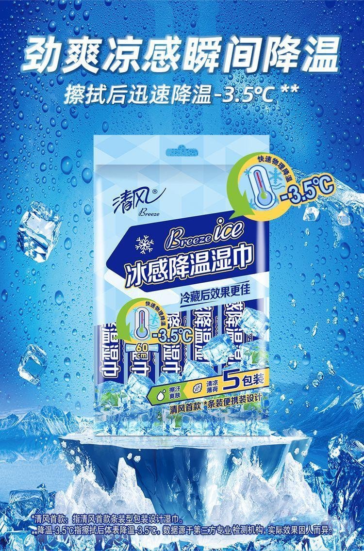 清风 【反季折扣】 凉感湿巾 冰感降温 运动湿纸巾 杀菌 清爽冰爽清凉 便携 冷感 军训 薄荷- 5件装 1包
