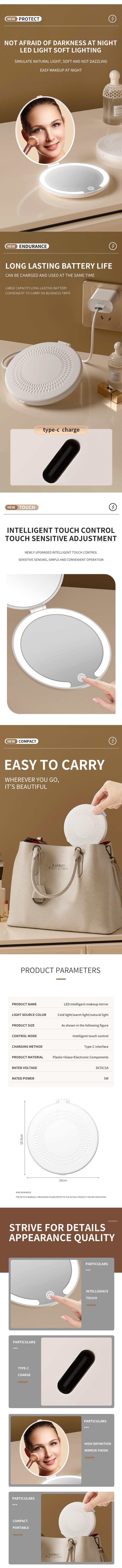 【中国直邮】 HSPM Led化妆镜便携折叠翻盖镜子随身补妆镜充电旅行迷你镜子 卡其色