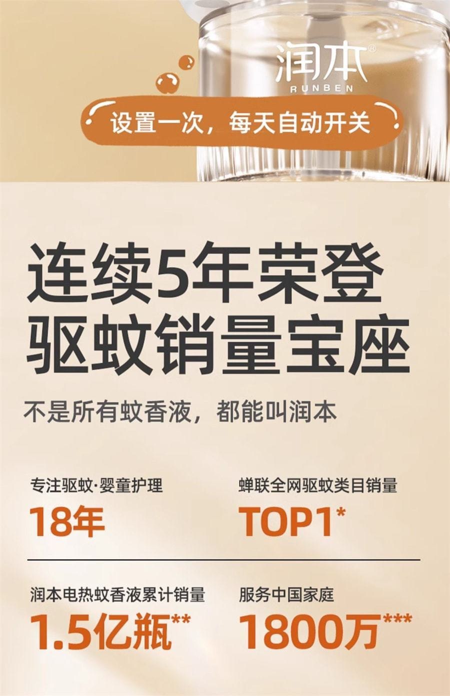 【中国直邮】润本 电热蚊香液家用插电式补充液无味婴儿孕妇定时电蚊香器驱蚊液 无味4液+1器