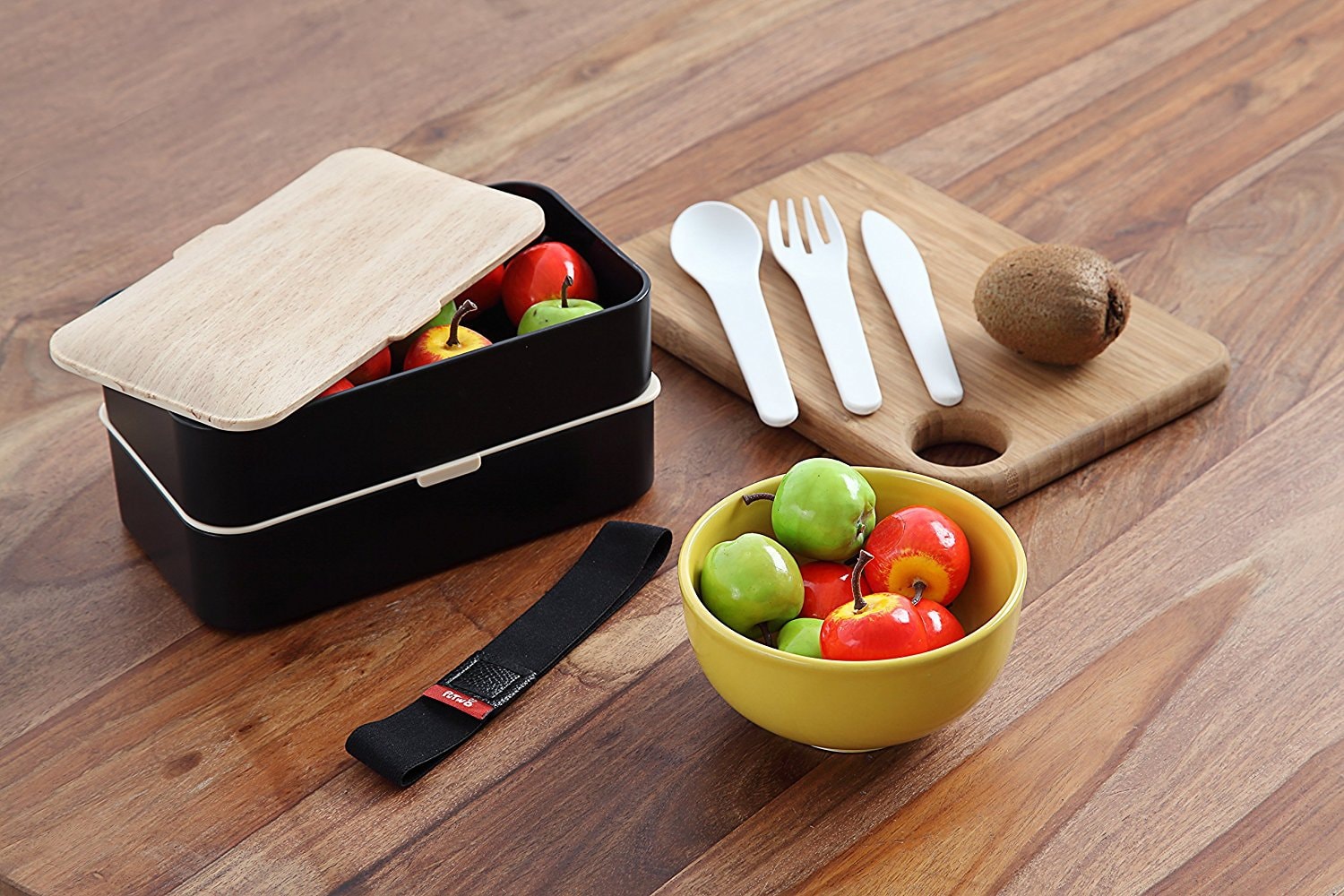 Bento Box Leakproof 2 Tier with Cutlery Lunch Box Microwave BPA Free All-in-One - Bamboo Black