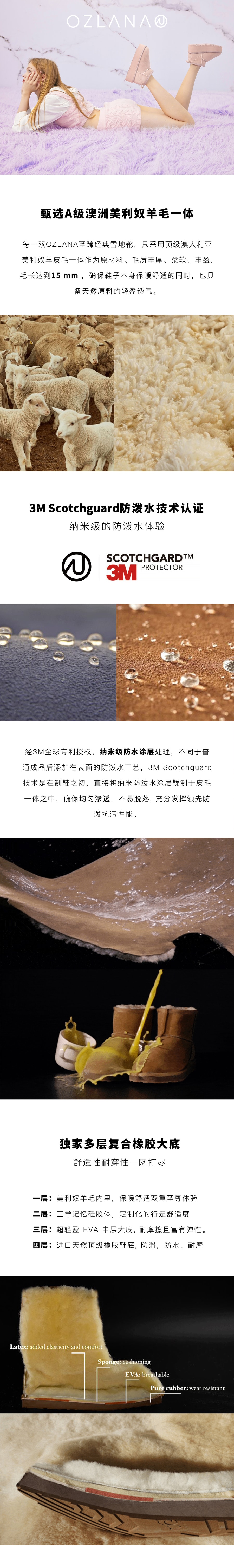 【中國直郵】OZLANA 23冬季新款 經典款皮毛一體保暖真皮防水中低筒厚底雪靴 灰色 35