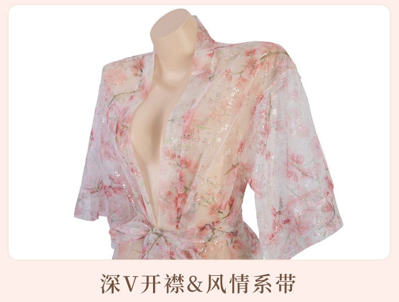 【中国直邮】曼烟 情趣内衣 性感深v一字肩开衫印花和服外罩衫 粉色均码