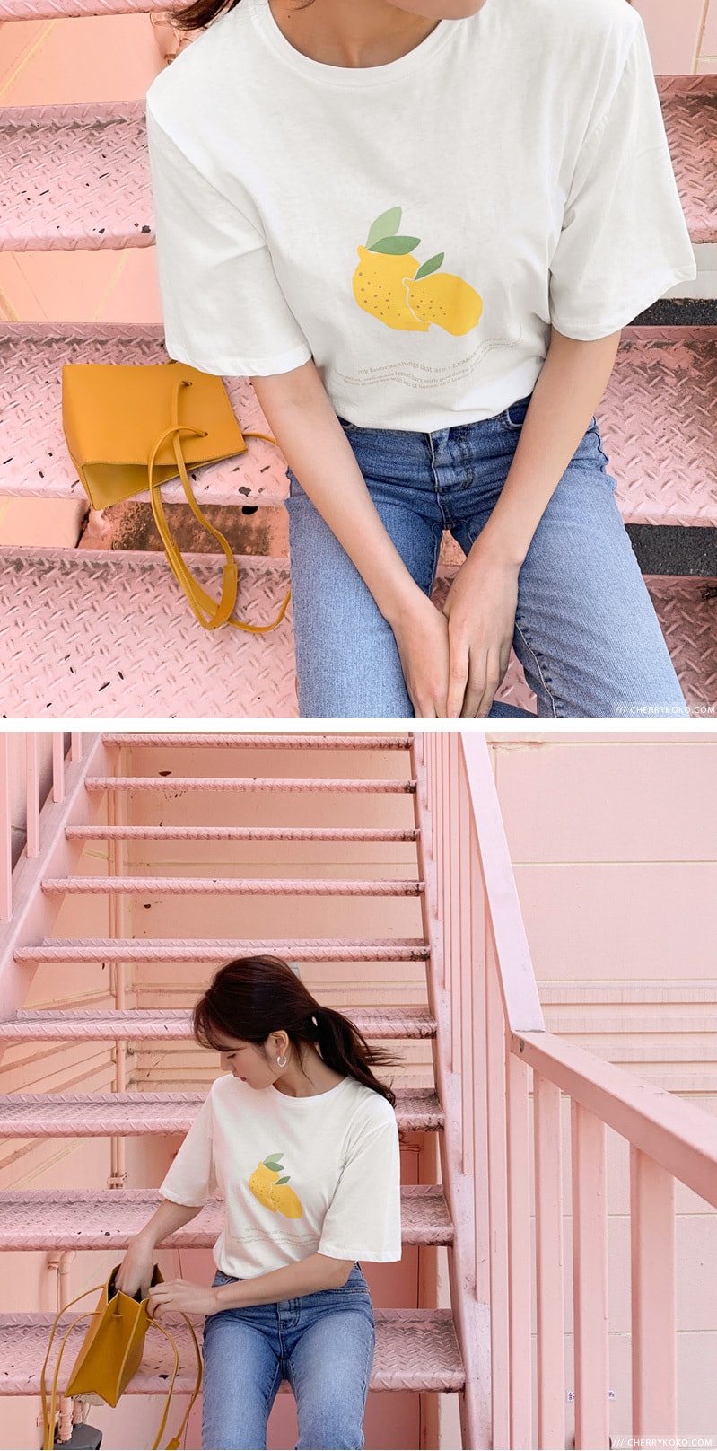 【韩国直邮】CHERRYKOKO 夏日可爱少女柠檬图案短袖T恤  奶油色 均码