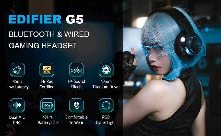 Edifier 漫步者 G5BT 蓝牙游戏耳机带麦克风的头戴式有线耳机(黑色)