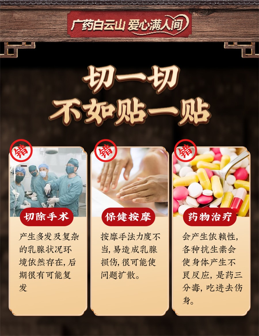 【中国直邮】白云山 乳腺穴位贴敷治疗贴乳腺散结贴小叶乳房疏通硬块肿块 4贴/盒*3盒