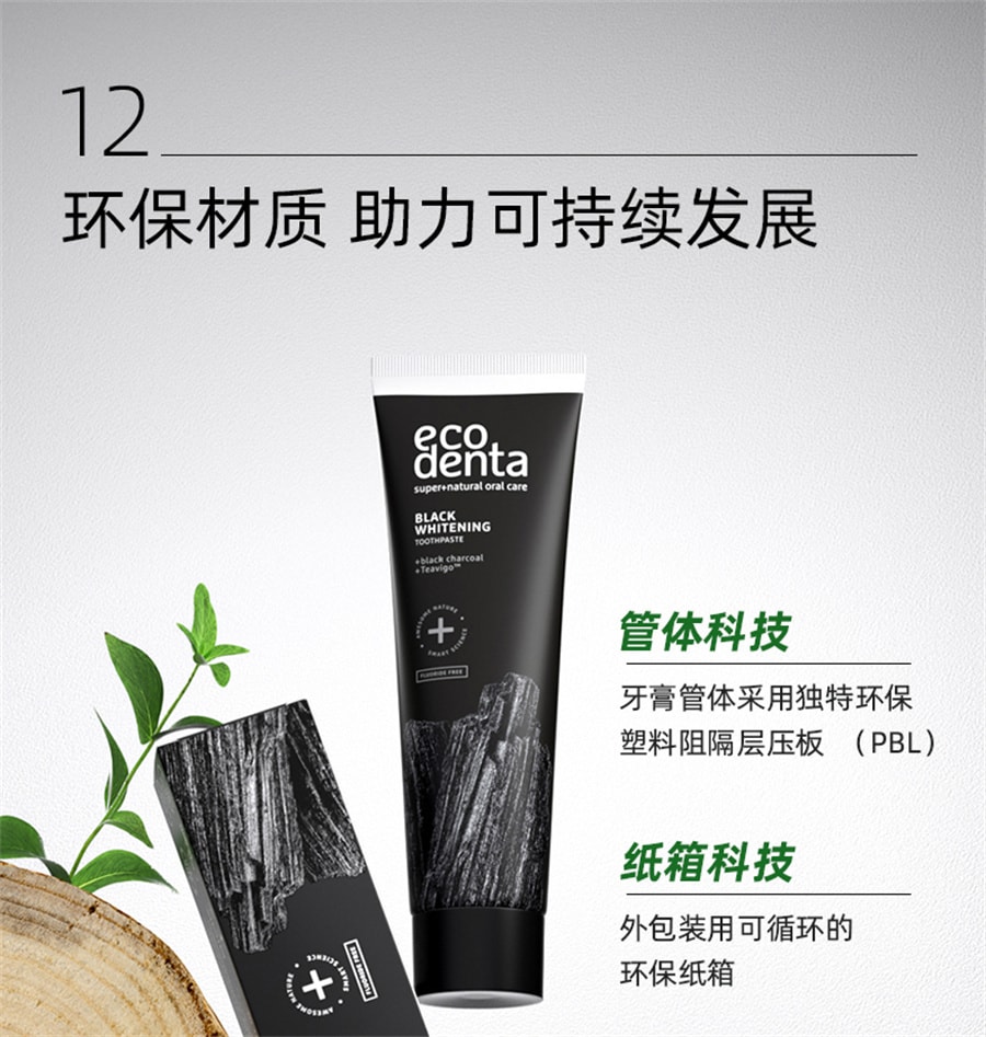 【中國直郵】ecodenta 黑炭牙膏美白去煙漬牙漬去黃清新男士專用無氟亮白牙膏 100ml
