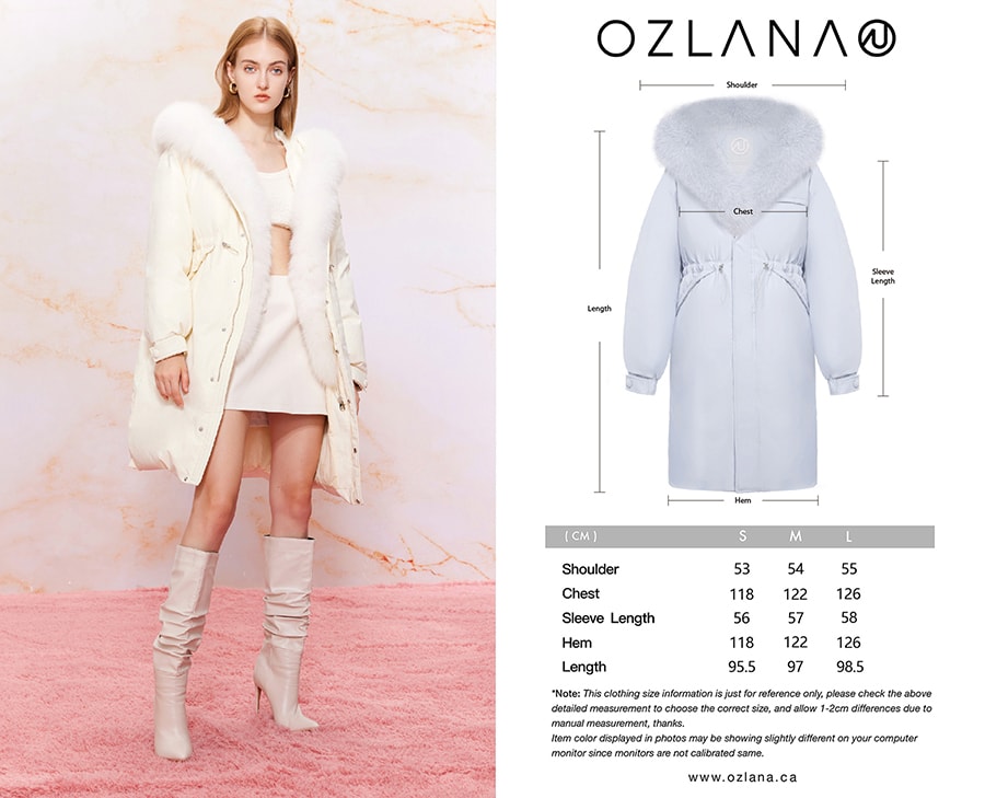 【中國直郵】OZLANA女長版狐狸毛氣質時尚設計款2023冬新品保暖外套 長款狐狸毛絨派克服 奶油白 L 發貨需5-15工作日