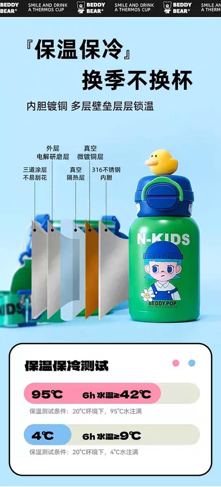 韩国 BEDDYBEAR 杯具熊 保温杯 高颜值库洛米双饮杯子 宝宝幼儿园小学生儿童水杯 600ml 绿色 (有点像GD哦)