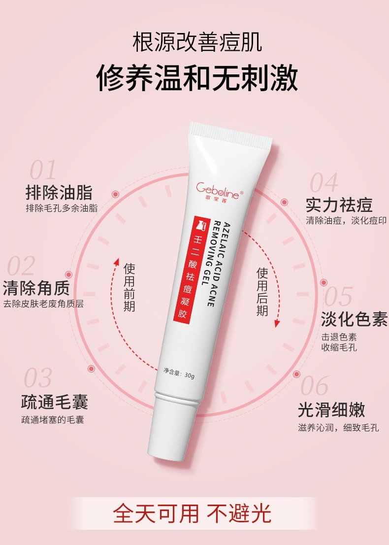 【中國直郵】 歌寶蓮 15%壬二酸祛痘凝膠 去黑頭痘印 收縮毛孔粉刺 30g/支