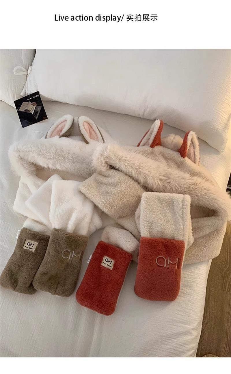 FOXTAIL 毛茸茸火狐狸一体帽 帽子 围巾 手套 冬季 保暖 防风 围脖 连帽 1个