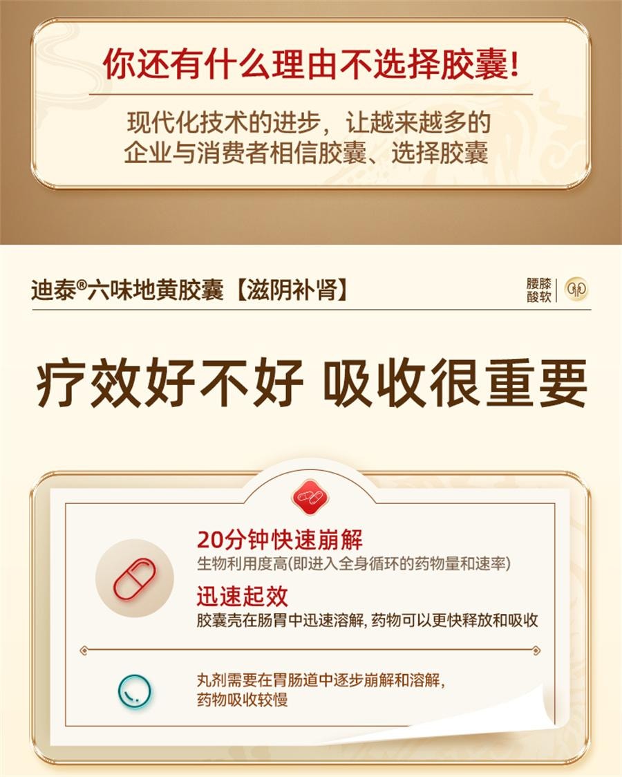 【中国直邮】 迪泰 六味地黄胶囊 补肾固精强肾男士中药遗精肾虚亏60粒/盒