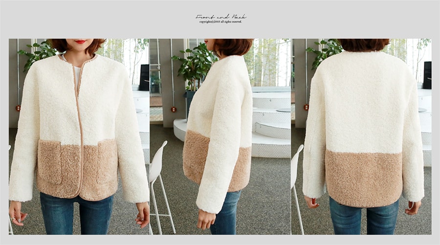 WINGS Collarless Color-Block Faux Shearling Jacket #Beige One Size(S-M)